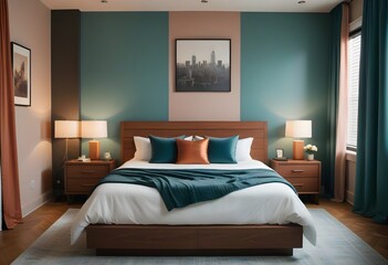  A modern bedroom with a large bed, wooden nightstands, and striped curtains