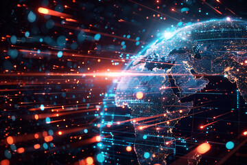 Digital representation of a glowing global network showcasing international connectivity and data exchange across the world. The world is being driven by AI technology and large amounts of data.