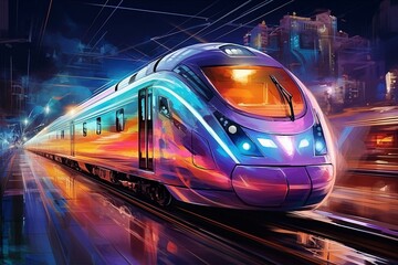 Vibrant neon lights illuminate the futuristic cityscape as a high-speed train streaks through the bustling city center, digital painting the dynamic energy of urban life.