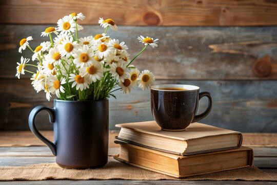 Black coffee mug mockup with white field chamomile bouquet in handmade rustic vase and books