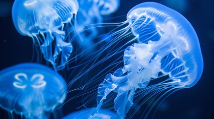 Ethereal Blue Jellyfish Underwater Ballet in Marine Habitat