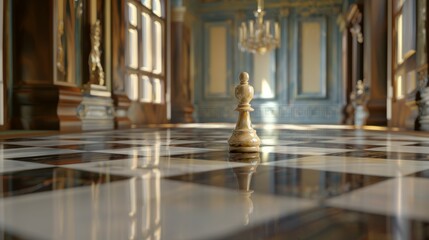 Fototapeta premium A little silver pawn chess piece standing with the win near a fallen golden queen chess piece on a chessboard on dark background. Leadership, winner,