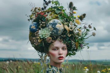Beautiful woman with flowers in her hair standing in a scenic field under a picturesque sky