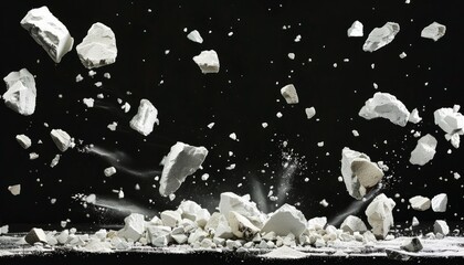 A dynamic scene of white rocks and stones falling against a black background, creating an isolated splash of dust and broken fragments, suitable for themes of nature and fantasy