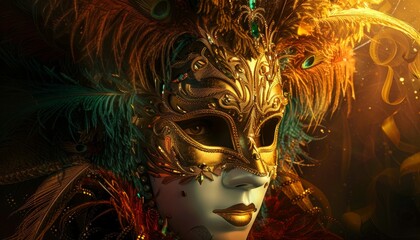 A Venetian carnival mask against a dark background, decorated with feathers and gold, ideal for themes related to theater, masquerade parties, and Italian celebrations