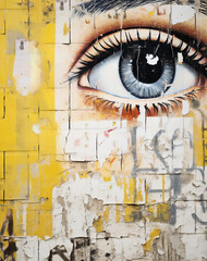 Detailed painting of an eye on a weathered yellow wall, vivid artwork decaying urban environment, graffiti on wall