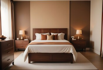  A modern bedroom with a large bed, wooden nightstands, and striped curtains