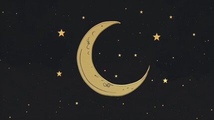 Naklejka premium Golden Crescent Moon and Stars on a Dark Night Sky