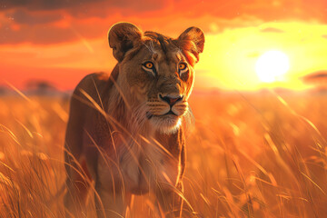 Visualize a majestic lioness leading her pride through the golden savannah sunset