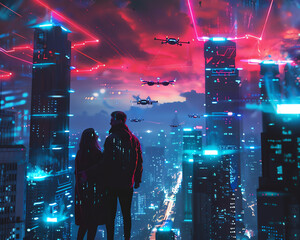 Fototapeta premium Visualize a couple beneath a glowing neon-lit sky