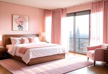  A modern bedroom with a large bed, wooden nightstands, and striped curtains