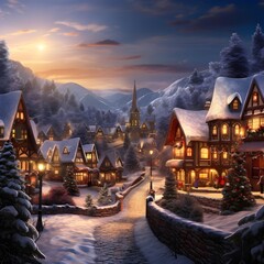 Winter in the village. Christmas and New Year background. Digital painting.