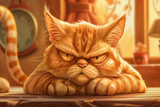 Cartoon Caricature of a Grumpy Cat.  Generated Image.  A digital illustration of a cartoon caricature of a grumpy older cat indoors.