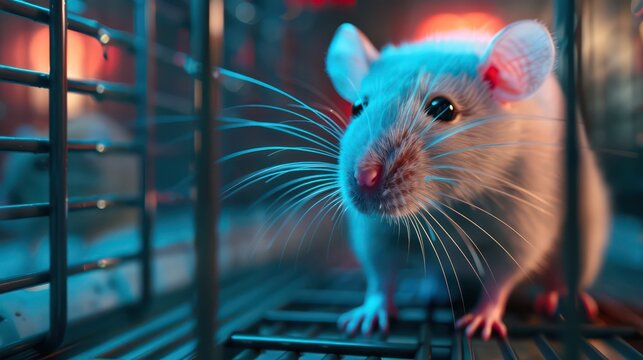 White rat in cage of medical scientific laboratory. Stop experiments on animals, animal protection. Generative AI