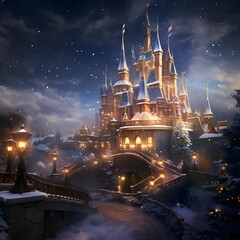 Magical winter fairy tale castle in the snow at night. Fairy-tale landscape.