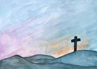 Watercolor painting nature background of christian cross. Concept for faith symbol, Christianity, Christian Easter, Eternal life of soul, Gate to heaven, Holy cross for Easter day and Ascension day.