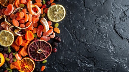 Beautiful mixture of dried fruits on a dark stone background. Food advertising. Banner, menu.