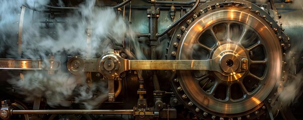 An imaginative view of a clock gear merging seamlessly into the machinery of a steam train