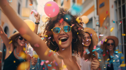youth woman enjoying  happy balloons sunglasses