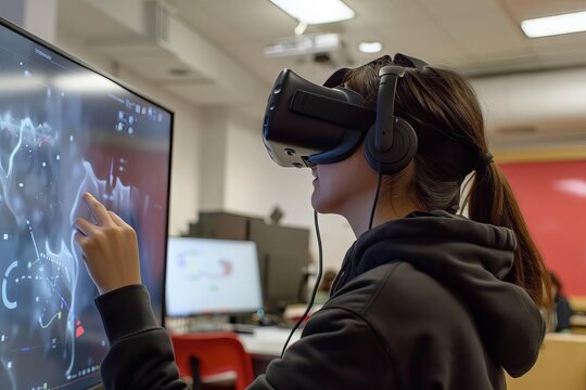 An immersive virtual reality classroom where students can manipulate 3D objects and learn about science