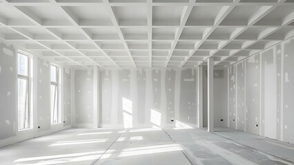 Intricate white stretch ceiling with suspended drywall in vacant apartment or house. Concept Home Renovations, Interior Design, Suspended Drywall, Stretch Ceiling, Vacant Property