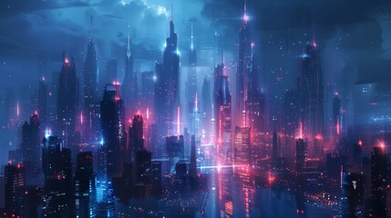 Craft a sleek, futuristic cityscape blending minimalism with vibrant neon accents, showcasing towering skyscrapers with sharp angles and reflective surfaces