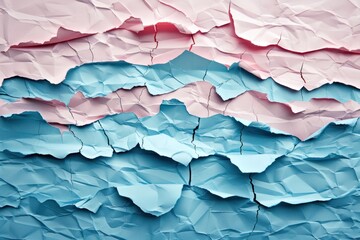 The image shows a crumpled paper background in pink and blue.