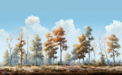 Fototapeta premium Depicting diverse trees sprouting from the soil, each reaching varying heights against a radiant sky backdrop.