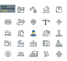 Mass Production web icons line style. Collection, automation, workflow, robot, productive, industrial. Vector illustration