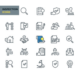 Inspection web icons line style. Collection, check, inspect, examination, testing, quality control. Vector illustration