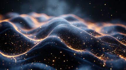 Flowing curve and particles background, 3d rendering. Digital drawing.