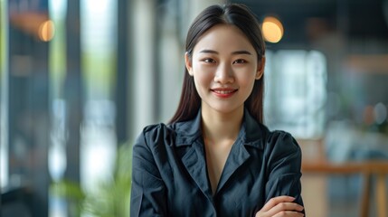 Obraz premium A Beautiful, Smiling Young Asian Businesswoman Sits With Arms Crossed, Exuding Confidence, Background HD For Designer 
