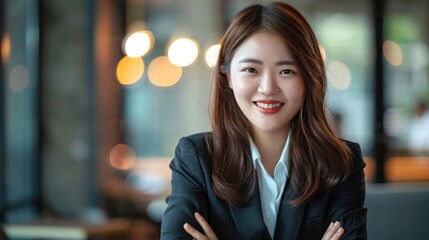 Obraz premium A Beautiful, Smiling Young Asian Businesswoman Sits With Arms Crossed, Exuding Confidence, Background HD For Designer 