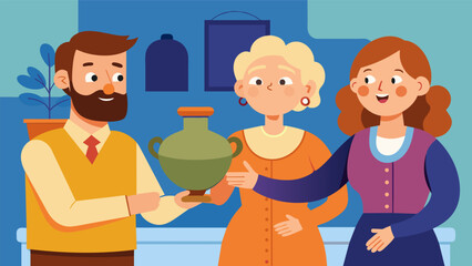 Fototapeta premium An antique shop owner eagerly showing the couple a rare antique vase the elderly womans eyes sparkling with curiosity.. Vector illustration