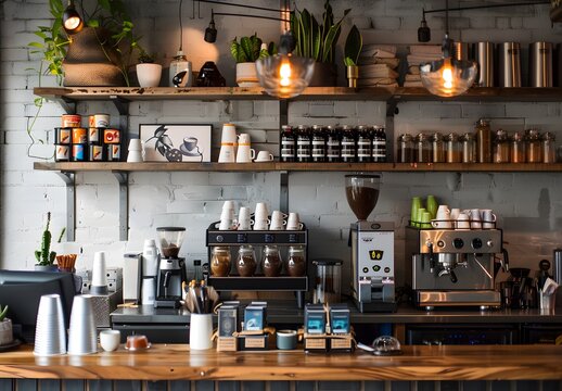 Caffeteria and coffee shop decoration, coffee station with an italian service machine.
