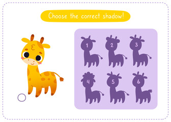 Mini game with cute giraffe for kids. Find the correct shadow of cartoon animal. Brainteaser for children.
