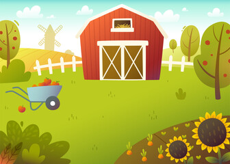 Cartoon farm landscape with barn. Summer vector rural background. Cute vector landscape.