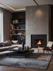 Explore the essence of modernity, a minimalist living room design featuring a fireplace and concrete walls, where clean lines and subtle accents create a space of contemporary allure