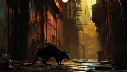An opossum rummaging through a city alley, the glow of streetlights creating dramatic shadows