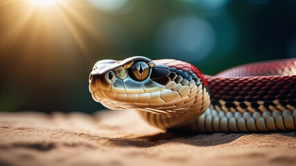 Fototapeta premium close-up of a black snake against a blurred natural background and sunlight
