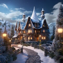 Beautiful winter landscape with a fairy tale house in the forest.