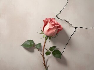 Close-up of a faded peeling wall with a crack in the center of the wall peeling off a beautiful rose bud. Beautiful minimalist artwork 4D, 3D rendered printing.