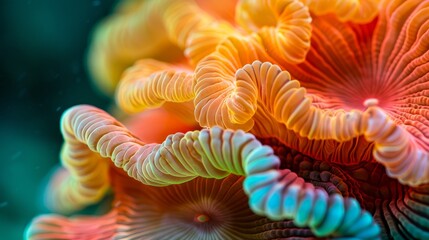 Ultra close-up of vibrant coral microstructures showcasing intricate patterns and radiant colors, emphasizing the beauty and complexity of marine life.
