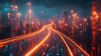 Fototapeta premium Abstract highway path through digital binary towers in city. Concept of big data, machine learning, artificial intelligence, hyper loop, virtual reality, high speed network.