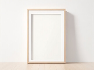 壁に木製フレームの写真のモックアップ。木製の額縁をモックアップします。影付きの水平方向の境界線。背景の壁に空のフォト フレーム。デザインの境界線は、ポスターと絵画の画像を印刷します。ベクター