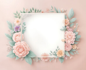A white frame with delicate (pink and purple flowers, green leaves, and a soft pastel background)