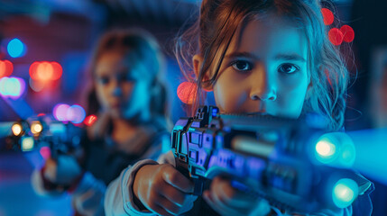 Fun birthday party with kids playing laser tag games.