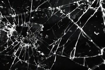 Abstract black background with broken glass texture and bullet hole.