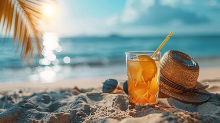 Straw hat, exotic cocktail, and sunglasses on sandy beach. Summer chill vibes. - Powered by Adobe
