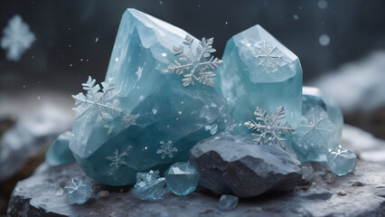  blue crystal with snowflakes on it on a rock